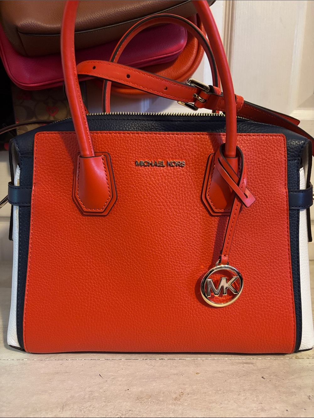 Michael Kors Orange, Navy & White Leather Satchel or Crossbody & Matching Wallet